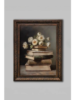 Efsa Sanat Tasarım Çiçekli Kitaplar - Vintage Çerçeveli Tablo - Klasik Duvar Dekoru - Kitaplı Tablo - Vintage Çerçeve - Salon Tablosu - Klasik Tablo Çerçeve