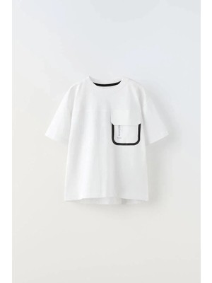 Magu Erkek Çocuk Pamuklu Cep Detaylı Beyaz Oversize T-Shirt
