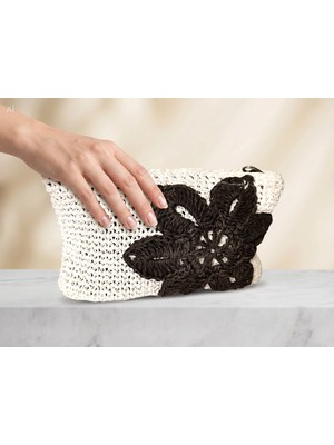 Meya Design El Örgüsü Kağıt Ip Clutch Çanta Çiçek Detaylı – Şık ve Özel Tasarım Kadın Çanta