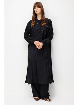 Micca Goldy %85 Lyocell Soft Kumaştan Elişi Nakış Detaylı Zamansız Pantalonlu Takım-Siyah