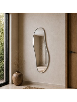 Aypars Atölye Modern MDF çerçeve Organik Form Banyo Aynası 40X120 cm – Asimetrik Minimalist Gümüş Çerçeveli Dekoratif Duvar Aynası