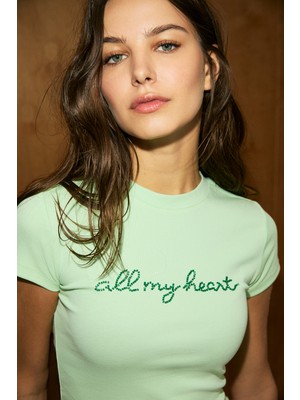 Grimelange Petrovac Kadın Yumuşak ve Esnek Kumaşlı Baskı ve Pul Desenli Mint Yeşil T-Shirt