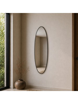 Aypars Atölye Modern Oval Boy Aynası 40X120 cm – Ince Siyah Çerçeveli Minimalist Dekoratif Duvar Aynası