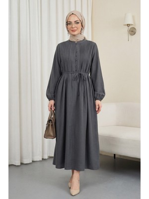 Moda Morfo Yarım Düğmeli Nervürlü Bağcıklı Tensel Elbise -Füme