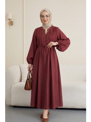 Moda Morfo Yarım Düğmeli Nervürlü Bağcıklı Tensel Elbise -Bordo
