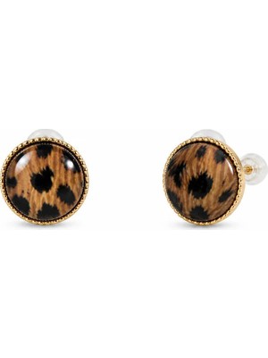 Nergis Collection Kadın Altın Renk Leopar Desenli Küpe Yuvarlak Çivi Küpe Şık Günlük & Özel Gün Takı