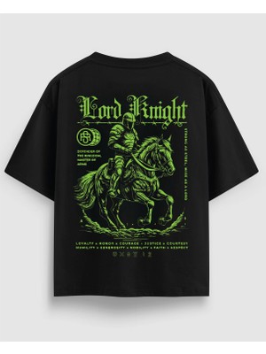 Yolo Street Oversize Unisex Siyah Tişört – Lord Knight Yeşil Yazılı Ortaçağ  Yazılı Şövalye Baskı, %100 Pamuk Streetwear Tasarım
