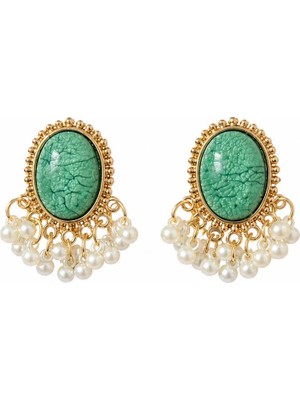 Nergis Collection Kadın Yeşil Taşlı Inci Detaylı Küpe | Gold Vintage Şık Tasarım Küpe