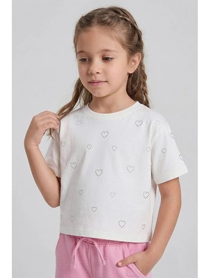 Dmb Boys & Girls Kız Çocuk Crop Taşlı Kalp Desenli Tshirt Ekru 4- 9 Yaş