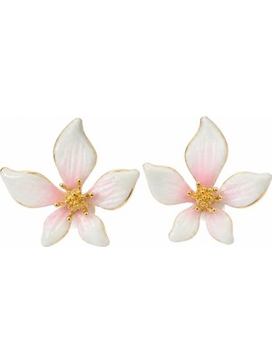 Nergis Collection Kadın Çiçek Figürlü Beyaz Pembe Detaylı Küpe | Gold Detaylı Şık Minimal Tasarım Küpe