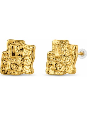 Nergis Collection Kadın Gold Dokulu Kare Küpe – Modern Şık Çelik Küpe