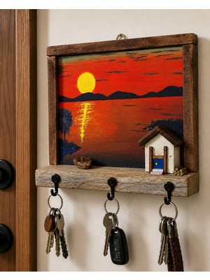 Anı Atölyesi Rustik Gün Batımı Ahşap Duvar Anahtarlığı/el Boyaması Akrilik TABLO/25X20 cm