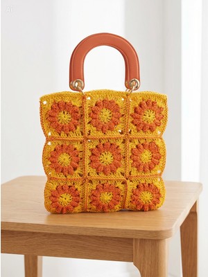 Meya Design Retro Çiçek Motifli El Örgüsü Kadın El Çantası - Turuncu/sarı (35X33 Cm)