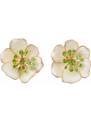 Nergis Collection Kadın Beyaz Çiçek Küpe | Yeşil Taşlı Gold Vintage Premium Büyük Şık Küpe