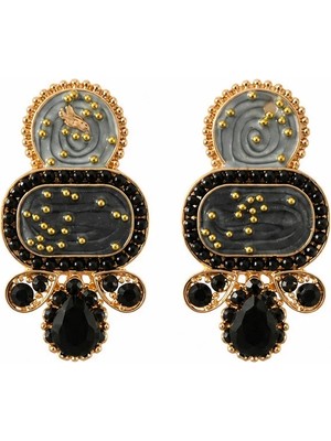 Nergis Collection Kadın Siyah Taşlı Gold Detaylı Vintage Desenli Küpe | Şık Büyük Tasarım Statement Küpe