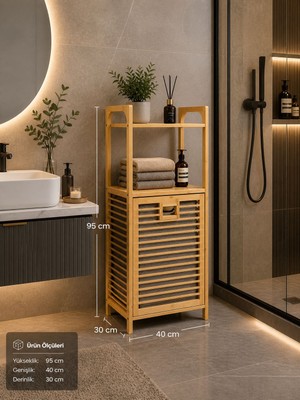 Lucky Clover Bambu Çamaşır Sepeti Kapaklı Raflı Organizer Kirli Sepeti Banyo Düzenleyici