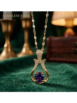 Gold Renk Zincirli Lila Taş Saz Model Kararmaz Çelik Kolye