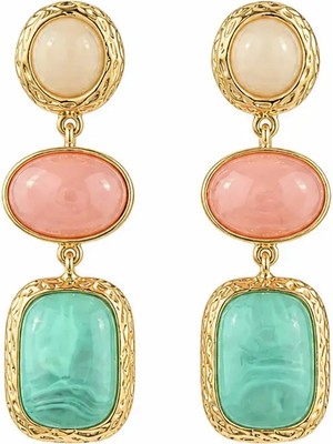 Nergis Collection Kadın Renkli Taşlı Gold Detaylı Küpe | Mint Yeşil & Somon Taşlı Şık Büyük Tasarım Küpe