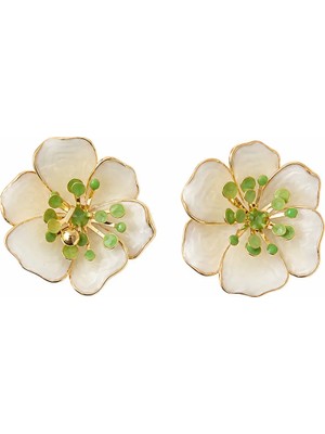 Nergis Collection Kadın Beyaz Çiçek Küpe | Yeşil Taşlı Gold Vintage Premium Büyük Şık Küpe