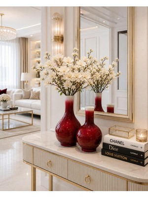 Velora Living Lüks Bordo Ombre Seramik Dekoratif Vazo 2’li Set, Parlak Modern Salon Dresuar Konsol Masa Süsü
