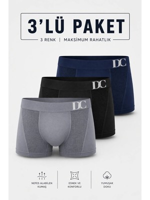 Elilom Erkek Boxer 3'lü Paket Daily Comfort Dikişsiz Nefes Alır Pamuklu Siyah/lacivert/gri Set