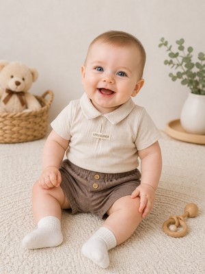 Ozz Baby Erkek Bebek (3 AY/62CM - 6 AY/68CM - 9 Ay /74CM-12 Ay /80CM ) Yaklı Kısa Kollu Müslin Şortlu Takım