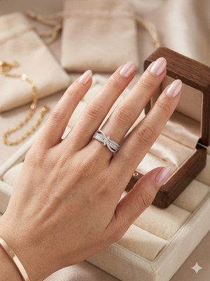 Gmn Collection Yeni Sezon Premium Seri 14K Beyaz Altın Kaplama Sarmal Model Tamtur Ayarlanabilir Yüzük