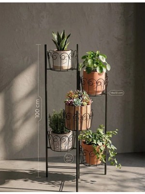 5 Gözlü Siyah Metal Saksılık | Dekoratif Çiçeklik Standı 100 cm