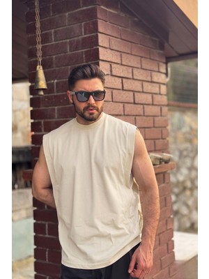 Guaraz Erkek Basketci Sıfır Kol Krem Bisiklet Yaka Oversıze %100 Pamuk Kolsuz Kejıl T-Shirt