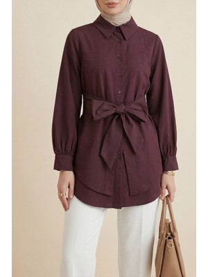 Moda Morfo Kendinden Kuşaklı Poplin Tunik -Mürdüm