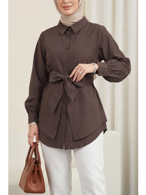 Moda Morfo Kendinden Kuşaklı Poplin Tunik -Kahve