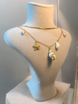 Melanj Craft Ikili Birleşik Deniz Kabuklu Charm Çelik Kolye - Gold