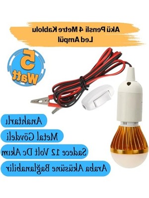 Cekar Store Akü Pensli 4 Metre Kablolu 12 V Tasarruflu Seyyar LED Ampul 5W Lamba Anahtarlı Aydınlatma Beyaz Işık