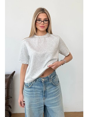 Giysa Kadın Bisiklet Yaka Regular Fit Basic T-Shirt Gri - MS0001353