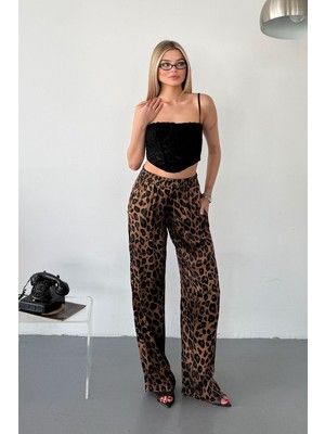 Giysa Kadın Beli Lastikli Çift Cepli Bol Paça Saten Pantolon Leopar - 2213-1