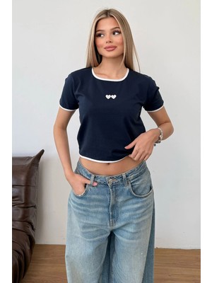 Giysa Kadın U Yaka Kalp Nakışlı T-Shirt Lacivert - 925055
