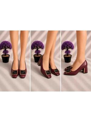 İladie Shoes Bordo Kalın Topuk Çift Katmanlı Iğne