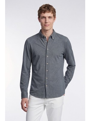 Altınyıldız Classics Erkek İndigo Pamuklu Tailored Slim Fit Dar Kesim Düğmeli Yaka Örme Gömlek