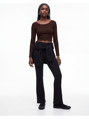 LTB Uzun Kollu Bisiklet Yaka Crop Kahverengi Sweatshırt