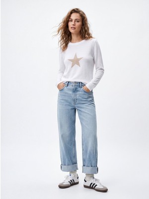 LTB Uzun Kollu Önü Desenli Basic Beyaz Sweatshırt