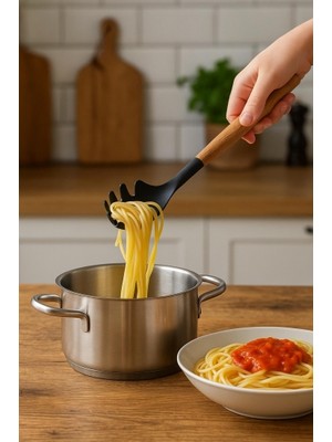 Renas Store Bambu Saplı Silikon Spagetti Makarna Servis Kaşığı Siyah