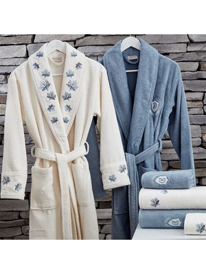 Dantela 6 Parça Pamuk Aile Bornoz Seti Krem-Mavi Ultra Soft Yapı ile Rahat Kullanım