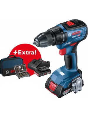 Bosch GSR 18V-50 Darbesiz Vidalama Makinesi 2x2 Ah Li-on Akü + 43 Parça Set + Alet Çantası Hafif ve Taşınabilir Tasarım