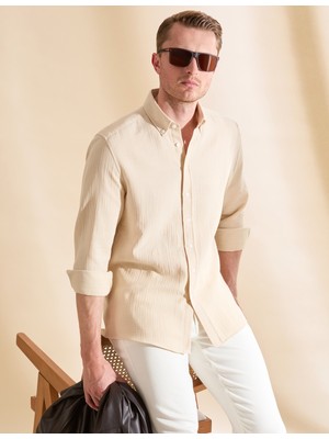 Pierre Cardin Erkek Bej Regular Fit Rahat Giyim Uzun Kollu Gömlek 50325371-VR011