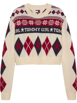 Tommy Jeans Krem - Kırmızı Kadın Bisiklet Standart Desenli Kazak Tg Faır Isle Crewneck Sweater