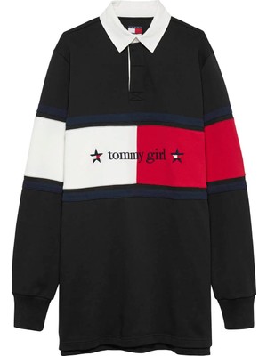 Tommy Jeans Siyah Kadın Gömlek Standart Elbise Tg Star Graphıc Rugby Dress