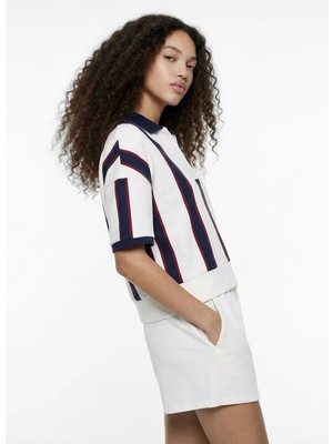 Jeep Ekru - Lacivert Kadın Loose Fit Çizgili Sweatshirt J6SL-SWT7021