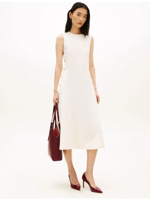 Tommy Hilfiger Krem Kadın Elbise Gold Button Long Mıdı Dress Ns