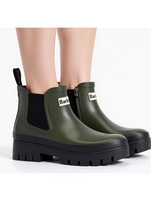 Barbour Halton Chelsea Yağmur Botu OL12 Yeşil Kauçuk Malzeme ile Platform Topuklu Tasarım