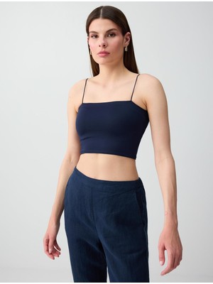 Jimmy Key Lacivert Dar Kesim Açık Yaka Kısa Örme Bralet